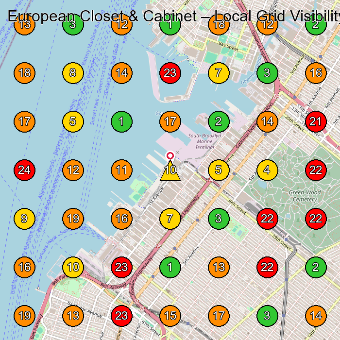 European Closet & Cabinet Professional Organizer GeoGrid ranking map for Brooklyn NY